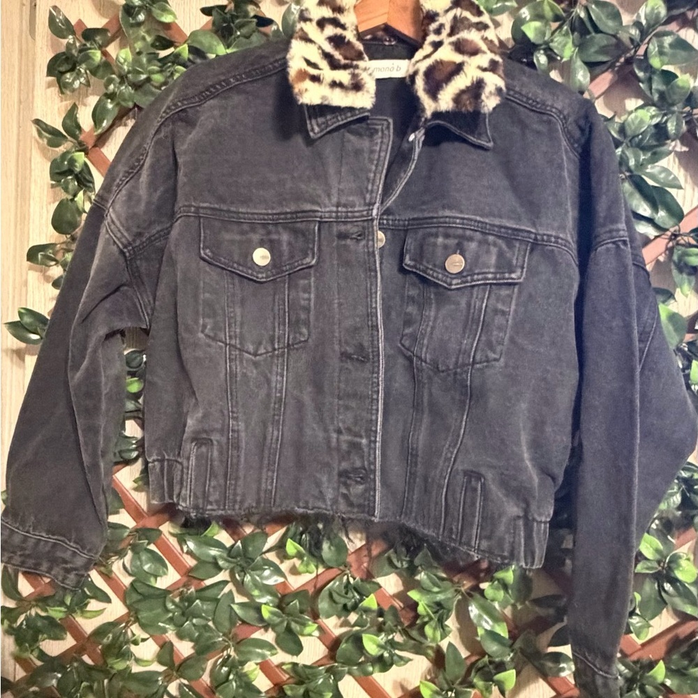 Mono B Black Denim Jacket with Leopard Print Faux Fur  Collar